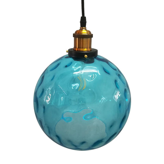 Industrial Globe Pendant Light - Blue Dimpled Glass Hanging Lamp (8’/10’/12’ Wide)