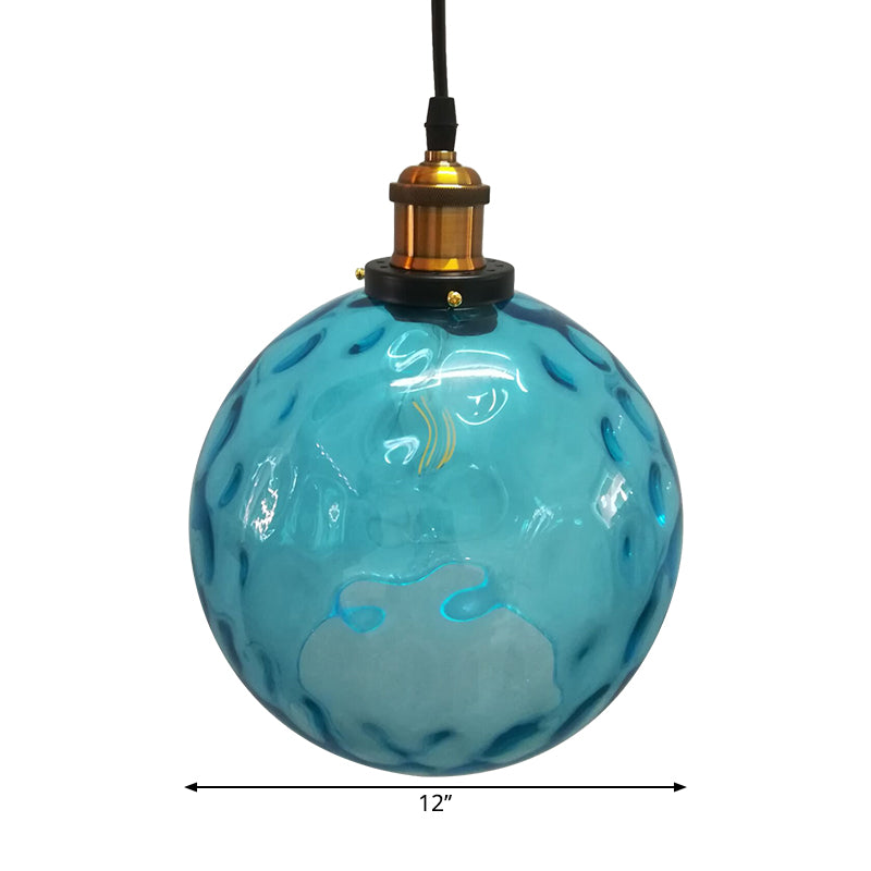 Industrial Globe Pendant Light - Blue Dimpled Glass Hanging Lamp (8’/10’/12’ Wide)