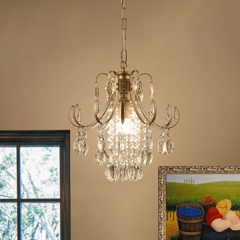 Sleek Crystal Strand Hanging Ceiling Light - Bent Arm Suspension Black/Gold Finish