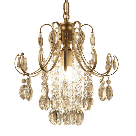 Sleek Crystal Strand Hanging Ceiling Light - Bent Arm Suspension Black/Gold Finish