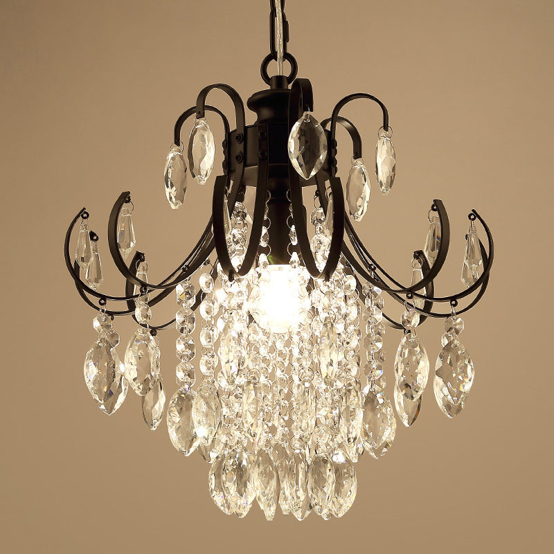 Sleek Crystal Strand Hanging Ceiling Light - Bent Arm Suspension Black/Gold Finish