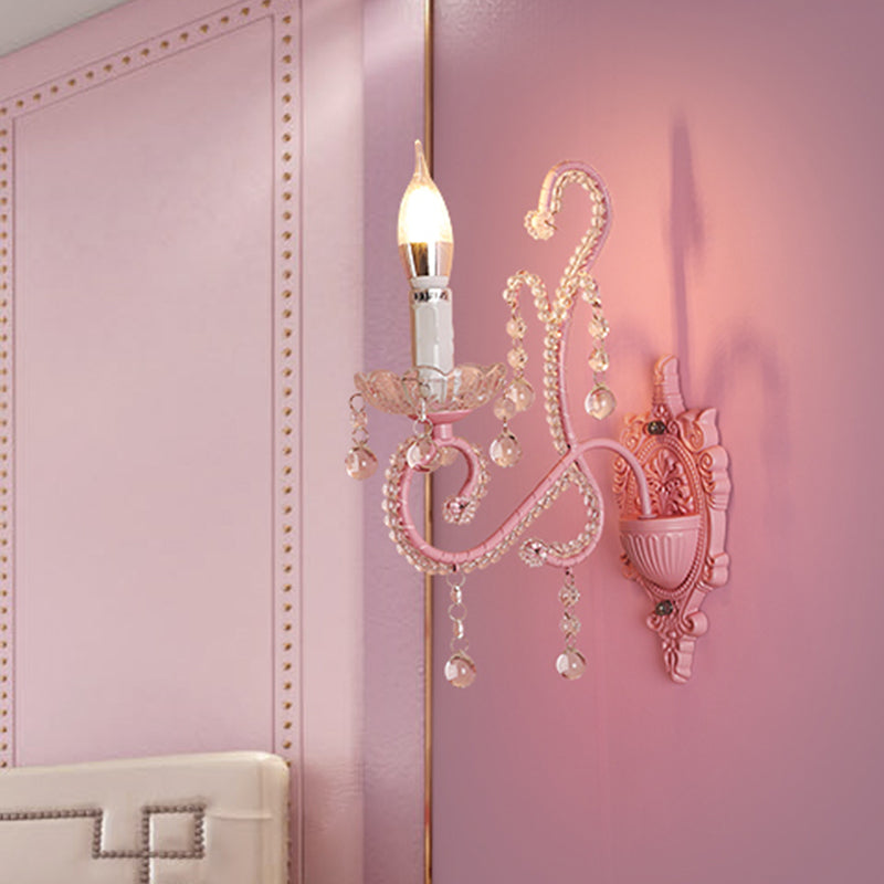 Modern Metallic Scroll Arm Wall Lamp With Crystal Orb Deco Pink 1 /