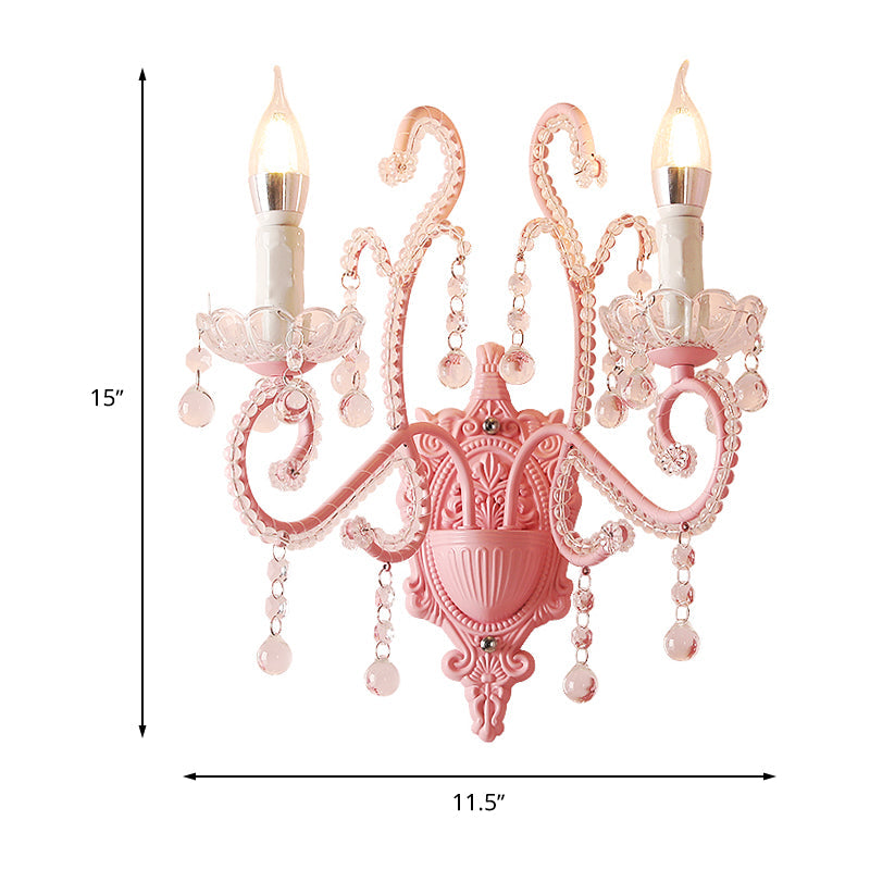 Modern Metallic Scroll Arm Wall Lamp With Crystal Orb Deco Pink