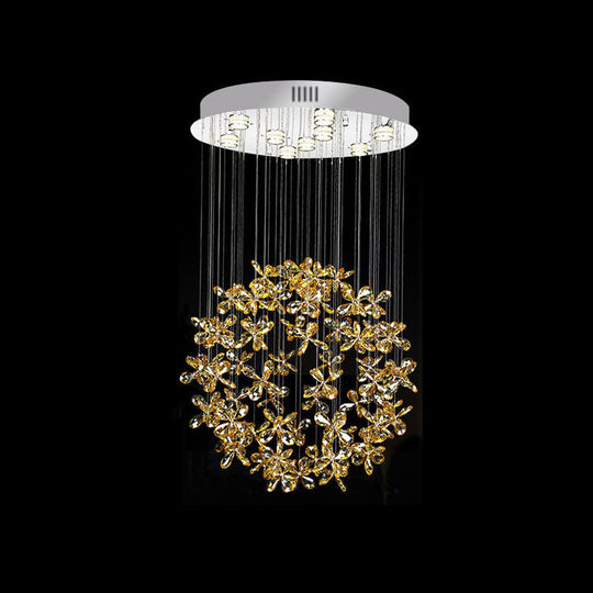 Modern Clear Crystal Sphere Flush Light - 16/19.5 W Nickel Ceiling Fixture With 9 Lights Dining Room