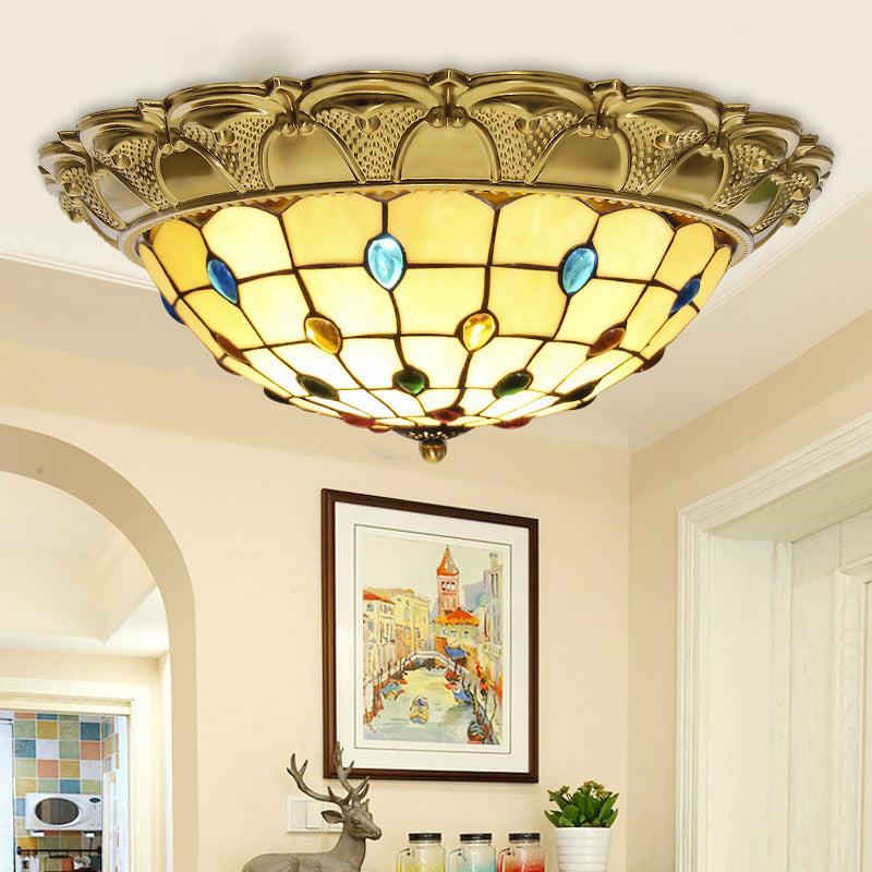 Lattice Bowl Flushmount Led Stained Glass Tiffany Style Ceiling Fixture In Brass Various Sizes