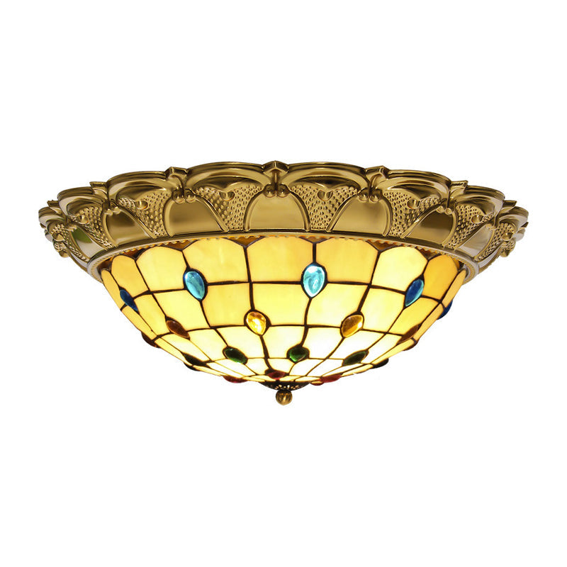 Lattice Bowl Flushmount Led Stained Glass Tiffany Style Ceiling Fixture In Brass Various Sizes