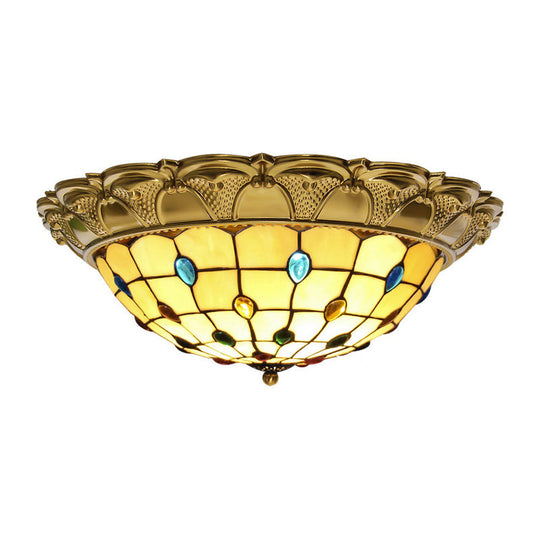 Lattice Bowl Flushmount Led Stained Glass Tiffany Style Ceiling Fixture In Brass Various Sizes
