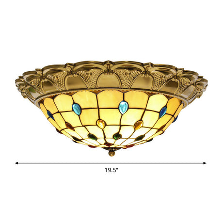 Lattice Bowl Flushmount Led Stained Glass Tiffany Style Ceiling Fixture In Brass Various Sizes