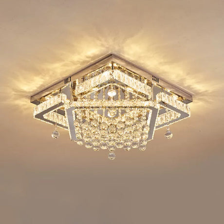 Square Crystal Led Ceiling Flush Mount Light Warm/White 18/23.5 Width