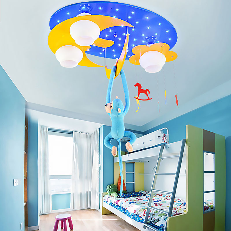 Decorative Metal Moon & Star Ceiling Light For Child’s Bedroom With Hanging Monkey Blue