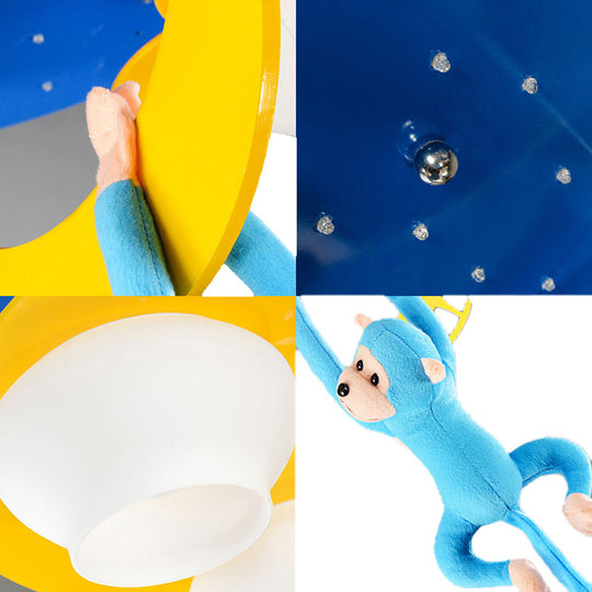 Decorative Metal Moon & Star Ceiling Light For Child’s Bedroom With Hanging Monkey