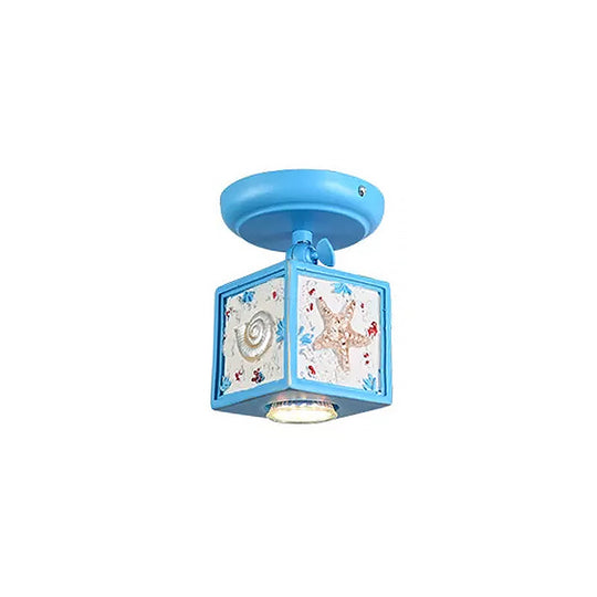 Cartoon Resin 1/2 - Head Light/Sky Blue Ceiling Lamp - Cube Semi Mount With Conch Deco