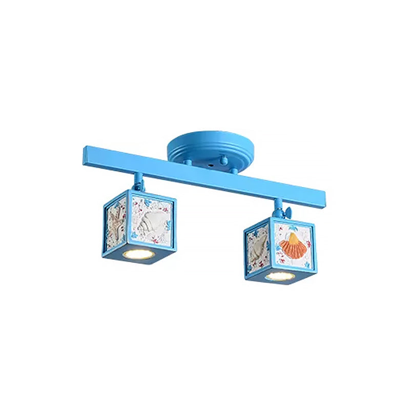 Cartoon Resin 1/2 - Head Light/Sky Blue Ceiling Lamp - Cube Semi Mount With Conch Deco