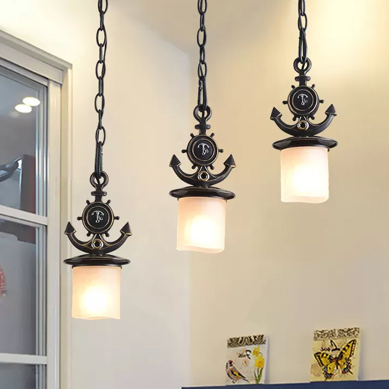 Black Cylinder Suspension Lamp: Creative 3-Light Pendant With Opaque Glass Anchor Chain Linear/Round