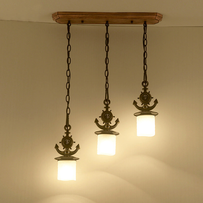 Black Cylinder Suspension Lamp: Creative 3-Light Pendant With Opaque Glass Anchor Chain Linear/Round