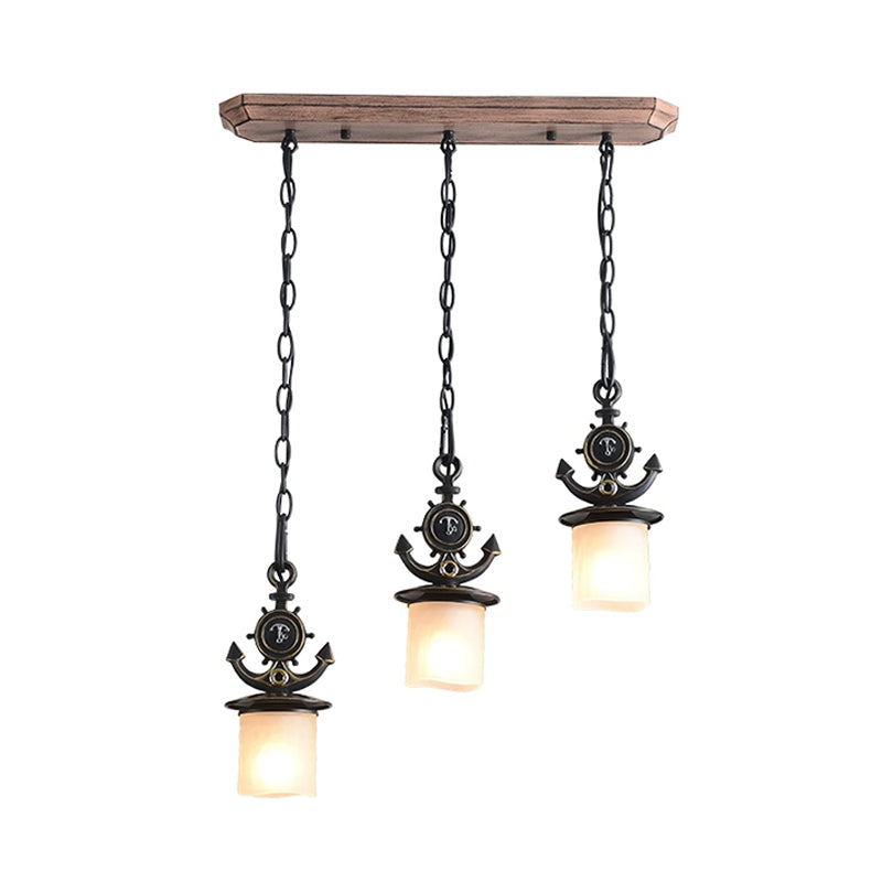 Black Cylinder Suspension Lamp: Creative 3-Light Pendant With Opaque Glass Anchor Chain Linear/Round