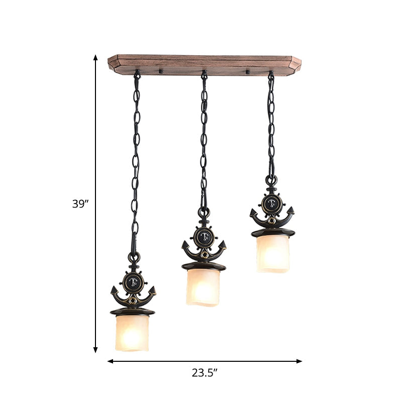 Black Cylinder Suspension Lamp: Creative 3-Light Pendant With Opaque Glass Anchor Chain Linear/Round