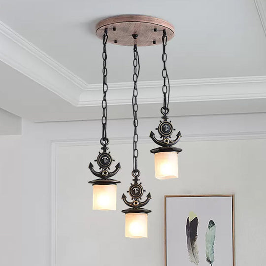 Black Cylinder Suspension Lamp: Creative 3-Light Pendant With Opaque Glass Anchor Chain Linear/Round