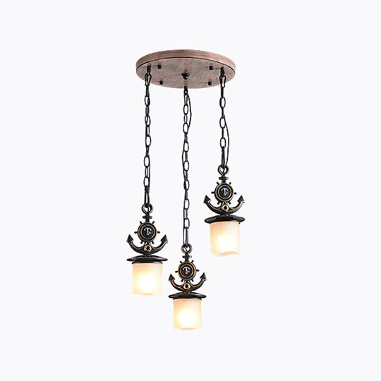 Black Cylinder Suspension Lamp: Creative 3-Light Pendant With Opaque Glass Anchor Chain Linear/Round