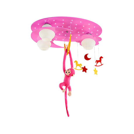Decorative Metal Moon & Star Ceiling Light For Childs Bedroom With Hanging Monkey