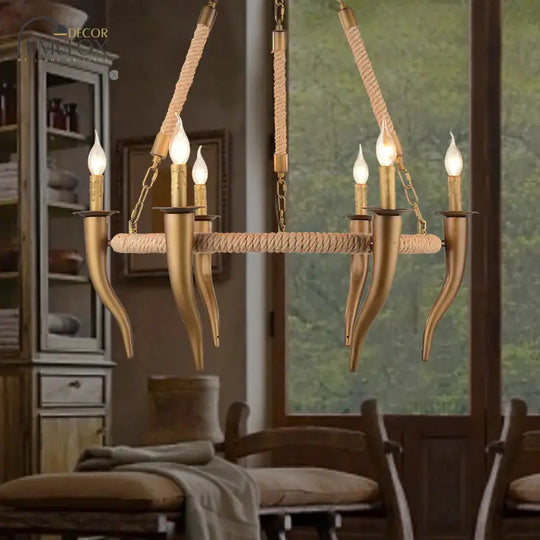 Rustic Wrapped Wagon Wheel Ceiling Pendant 3/6-Light Khaki Metallic Chandelier Light With Ox Horn