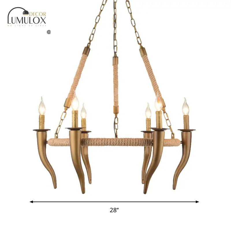 Rustic Wrapped Wagon Wheel Ceiling Pendant 3/6-Light Khaki Metallic Chandelier Light With Ox Horn