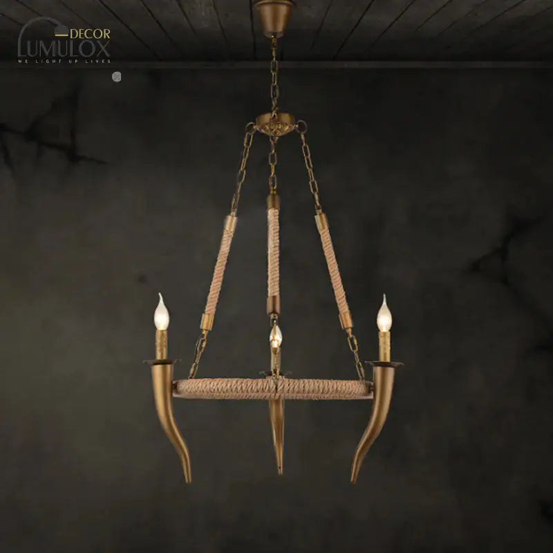 Rustic Wrapped Wagon Wheel Ceiling Pendant 3/6-Light Khaki Metallic Chandelier Light With Ox Horn