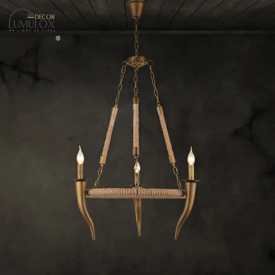 Rustic Wrapped Wagon Wheel Ceiling Pendant 3/6-Light Khaki Metallic Chandelier Light With Ox Horn
