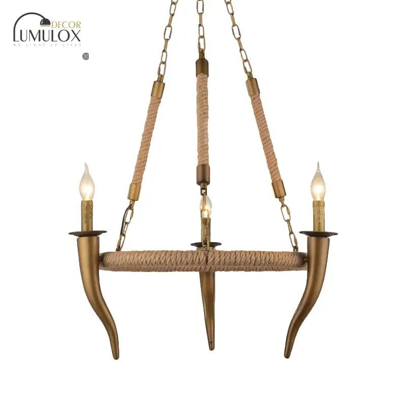 Rustic Wrapped Wagon Wheel Ceiling Pendant 3/6-Light Khaki Metallic Chandelier Light With Ox Horn