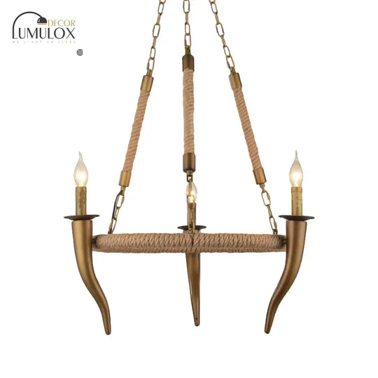 Rustic Wrapped Wagon Wheel Ceiling Pendant 3/6-Light Khaki Metallic Chandelier Light With Ox Horn