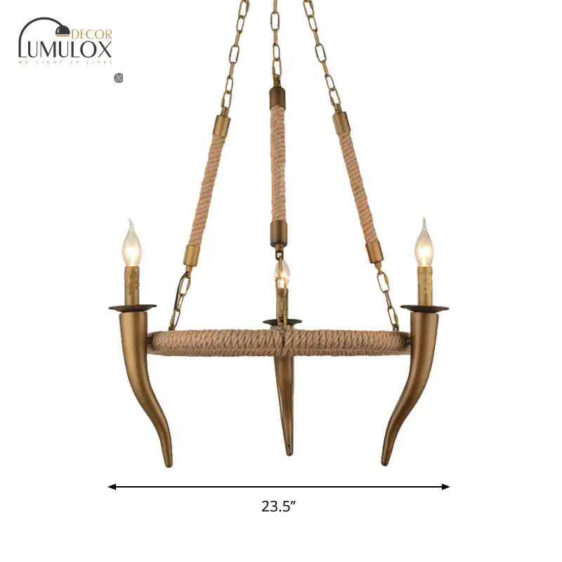 Rustic Wrapped Wagon Wheel Ceiling Pendant 3/6-Light Khaki Metallic Chandelier Light With Ox Horn
