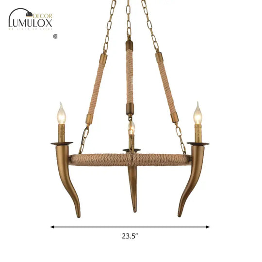 Rustic Wrapped Wagon Wheel Ceiling Pendant 3/6-Light Khaki Metallic Chandelier Light With Ox Horn