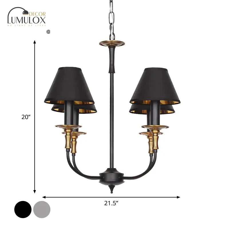 Traditional Cone Shape Chandelier 3/4/6-Head Fabric Hanging Pendant In Black/Chrome With Swooping