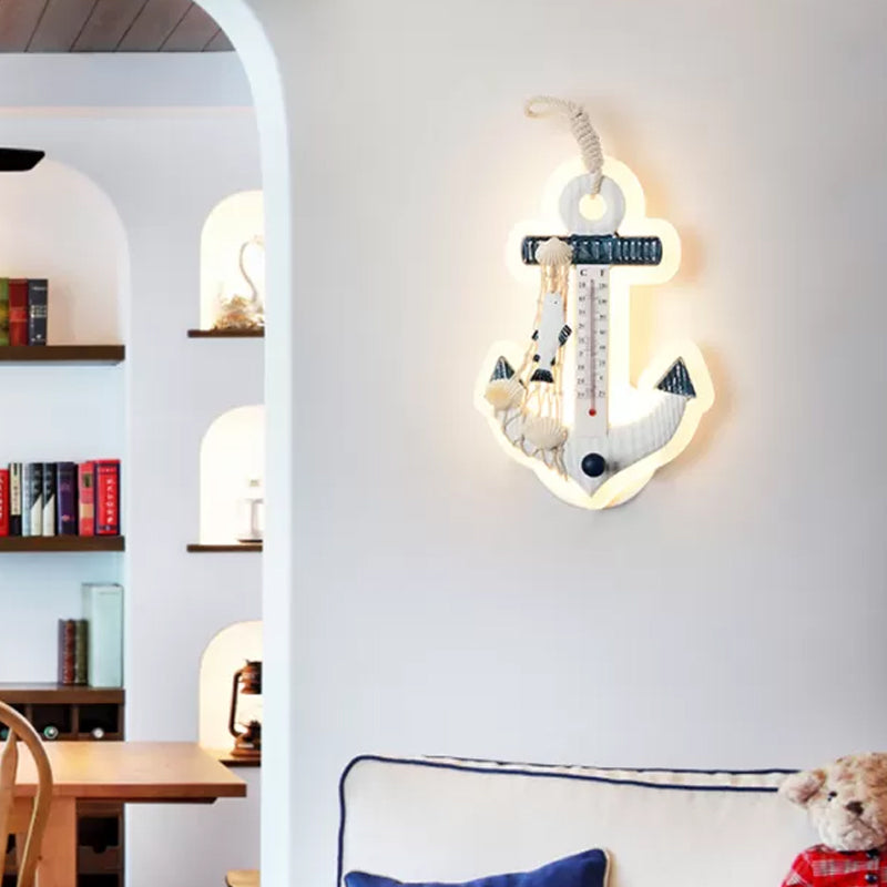 White Resin Led Anchor Wall Sconce For Kids With Fishing Net Deco