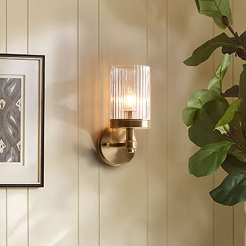 Traditional Wall-Mounted Cylinder Lamp With Transparent Glass Sconce In Brown/Gold Perfect For