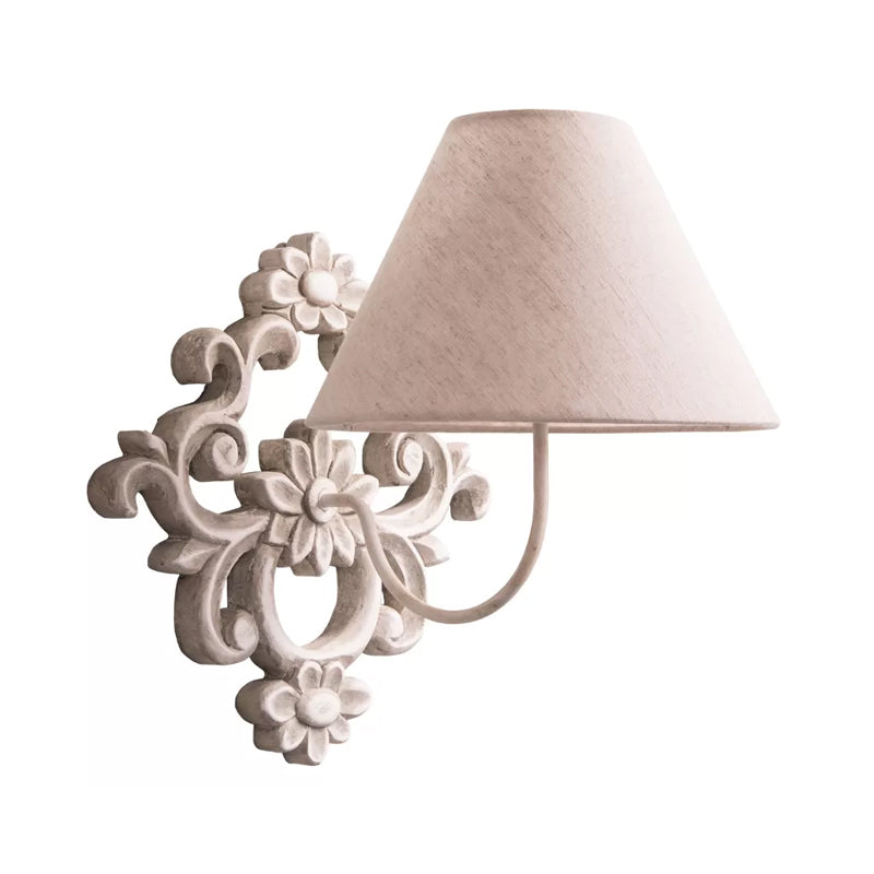 Tapered Fabric Wall Sconce Light In White With Wood Carved Backplate - Countryside Corridor Lighting