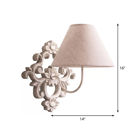 Tapered Fabric Wall Sconce Light In White With Wood Carved Backplate - Countryside Corridor Lighting