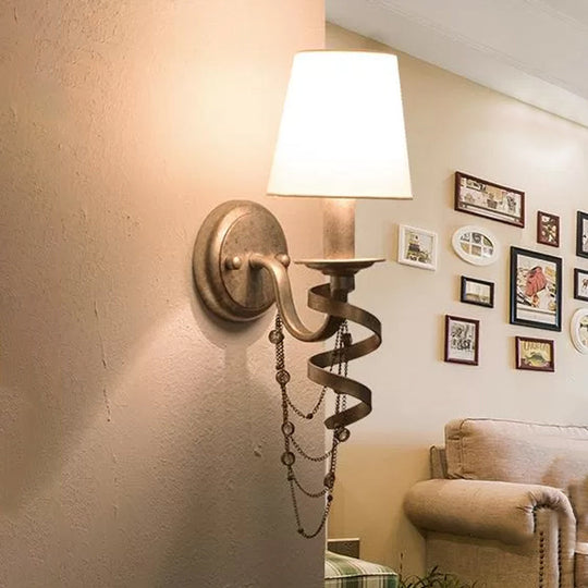 Farmhouse Barrel Fabric Wall Sconce With Crystal Chain Deco And Spiral Design - White