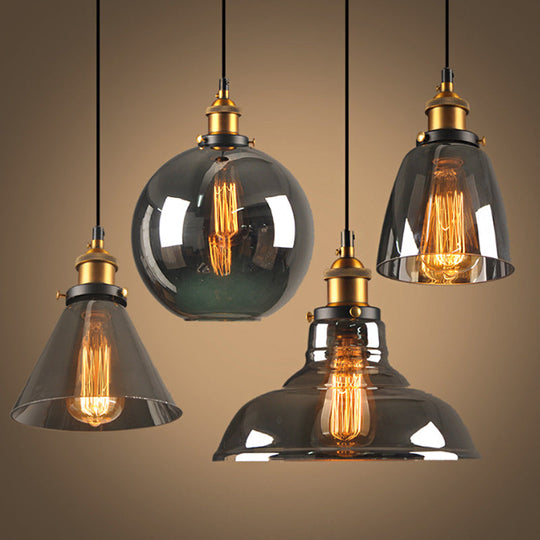 Retro Style Smoky Grey Glass Pendant Lamp - Brass Finish Bedside Ceiling Hanging Light