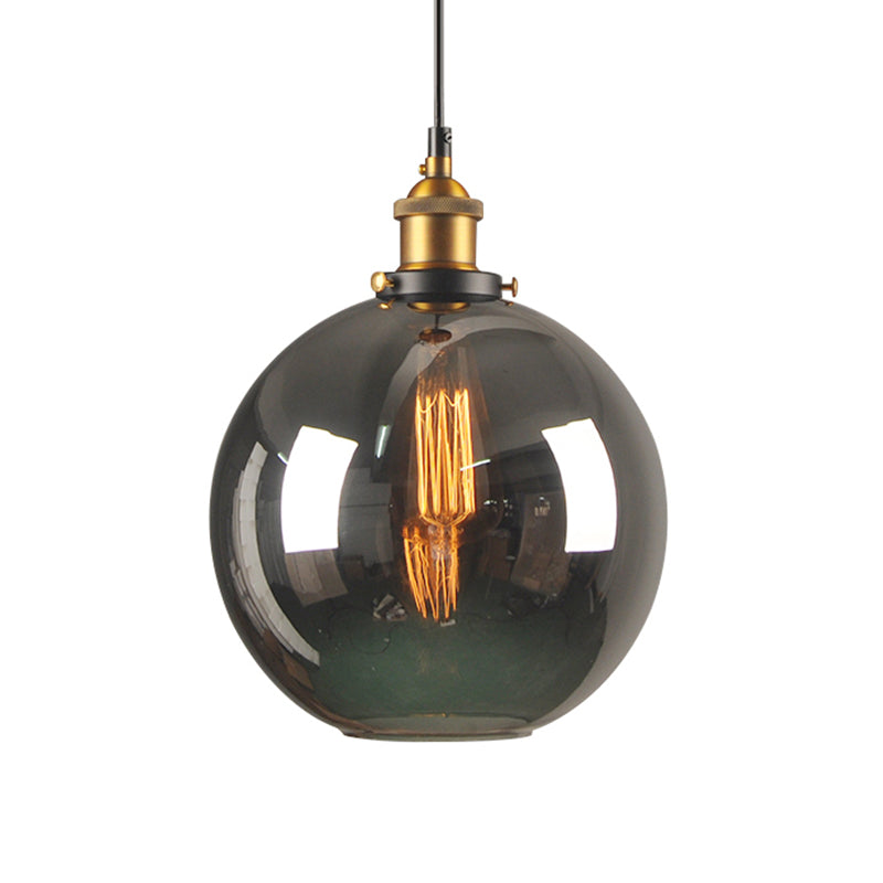 Retro Style Smoky Grey Glass Pendant Lamp - Brass Finish Bedside Ceiling Hanging Light