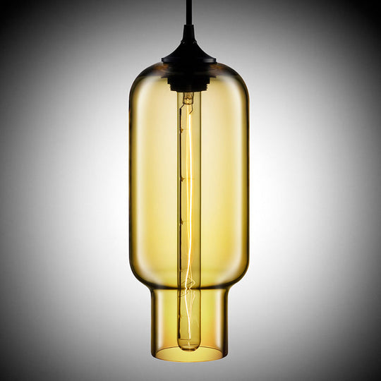 Cylindrical Industrial Pendant Lamp With Clear/Blue/Amber Glass For Restaurants