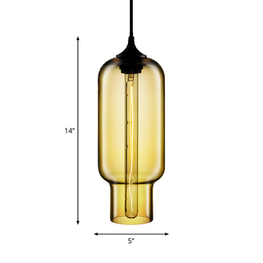 Cylindrical Industrial Pendant Lamp With Clear/Blue/Amber Glass For Restaurants