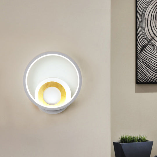 Nordic White And Wood Double Ring Led Wall Lamp - Warm/White Light For Home
