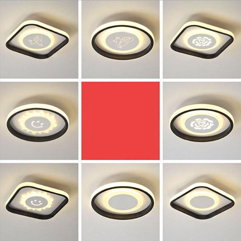 Smile/Anchor/Panda Pattern Circular Led Flush Ceiling Mount Lamp In Cartoon Acrylic Black