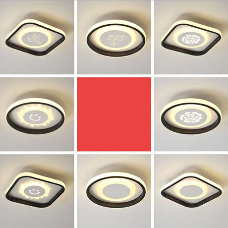Smile/Anchor/Panda Pattern Circular Led Flush Ceiling Mount Lamp In Cartoon Acrylic Black
