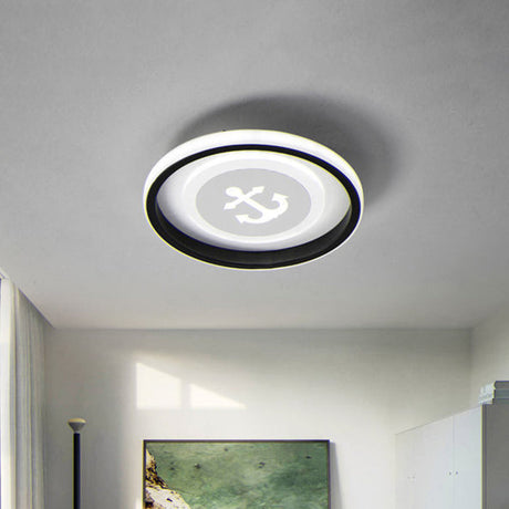 Smile/Anchor/Panda Pattern Circular Led Flush Ceiling Mount Lamp In Cartoon Acrylic Black