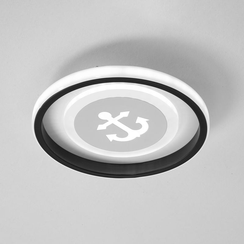 Smile/Anchor/Panda Pattern Circular Led Flush Ceiling Mount Lamp In Cartoon Acrylic Black