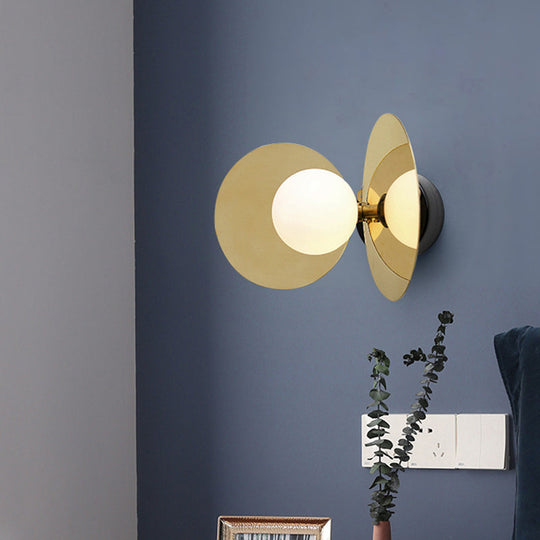 Mini Milk Glass Wall Light With Gold Postmodern Design And Reflective Shields