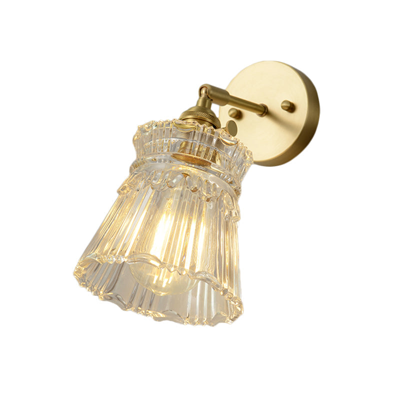 Postmodern Gold Wall Light With Clear Ribbed Glass - Conical Design Rotating Feature 1 Kit