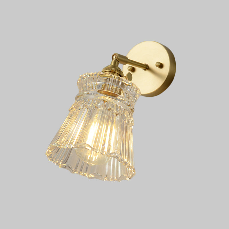 Postmodern Gold Wall Light With Clear Ribbed Glass - Conical Design Rotating Feature 1 Kit